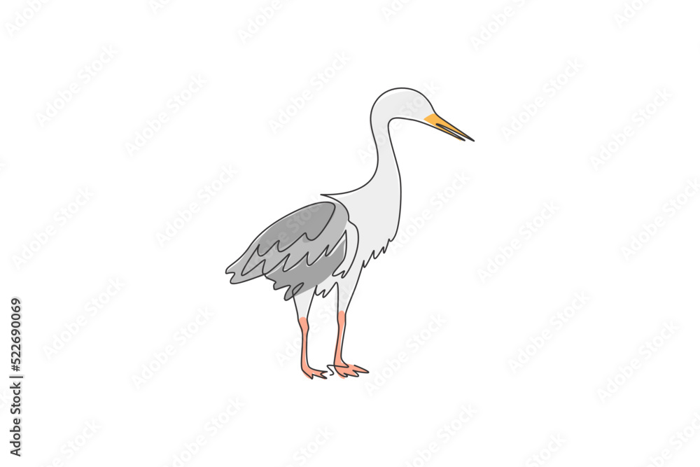 Single continuous line drawing of cute heron bird. Endangered animal national park conservation. Safari zoo concept. Trendy one line draw graphic design vector illustration Single continuous line drawing of cute heron bird. Endangered animal national park conservation. Safari zoo concept. Trendy one line draw graphic design vector illustration