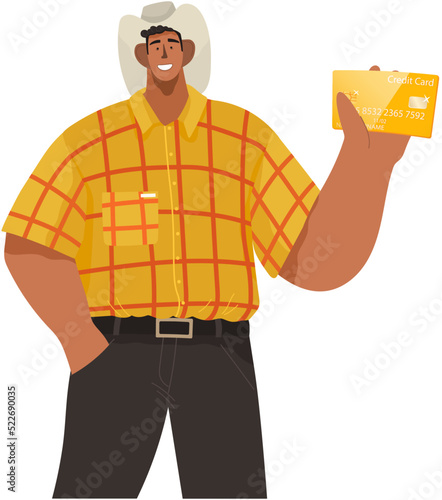 Man holds credit card in hand. Cartoon male character in cowboy hat stand isolated on white background. Happy businessman or bank client, makes purchases, invests or earns money, payment and banking