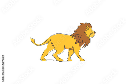 One single line drawing of wild male lion vector illustration. Protected species national park conservation. Safari zoo concept. Modern continuous line draw graphic design