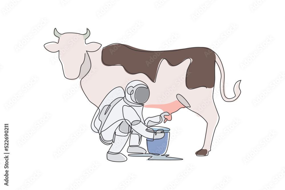 One continuous line drawing of spaceman astronaut squat down milking ...