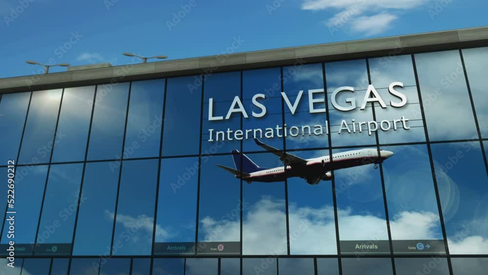 Plane landing at Las Vegas, Nevada, USA 3D. Arrival in the city with