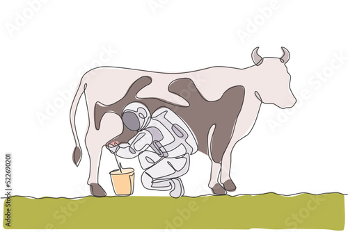 One single line drawing of astronaut squat down milking cow and put into milk can bucket in moon surface graphic vector illustration. Outer space farming concept. Modern continuous line draw design