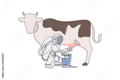 One continuous line drawing of spaceman astronaut squat down milking cow and put into milk can bucket in moon surface. Deep space farming astronaut concept. Single line draw design vector illustration