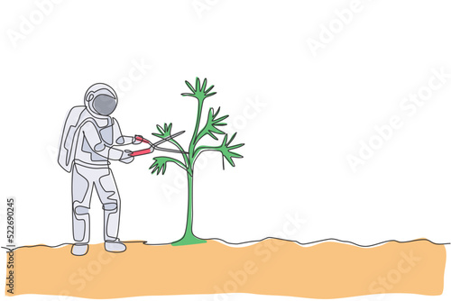 One single line drawing of astronaut cutting tree leaf using gardening scissor in moon surface vector graphic illustration. Outer space gardening concept. Modern continuous line draw design