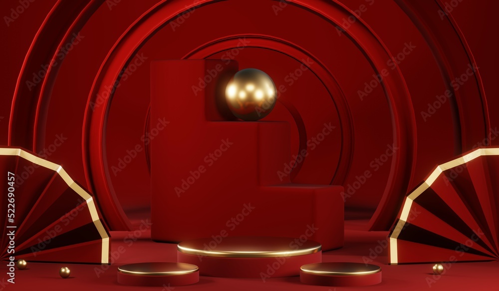 Fototapeta premium 3D rendering of blank product background for cream cosmetics Modern red podium background