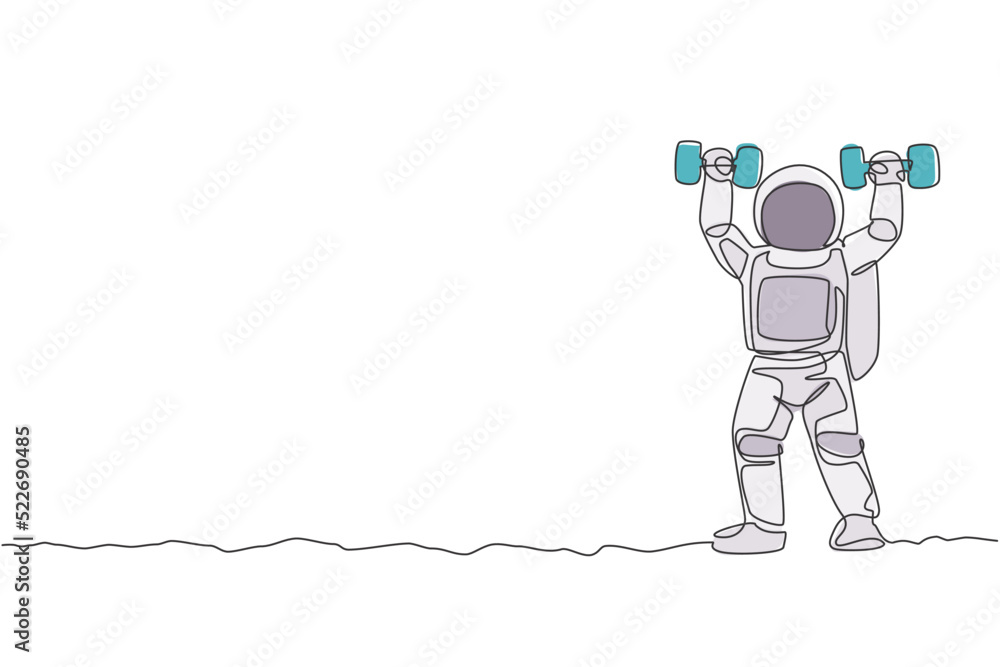One continuous line drawing of astronaut exercising lifting dumbbell in moon cosmic galaxy. Outer space sport and lifestyle concept. Dynamic single line draw graphic design vector illustration One continuous line drawing of astronaut exercising lifting dumbbell in moon cosmic galaxy. Outer space sport and lifestyle concept. Dynamic single line draw graphic design vector illustration