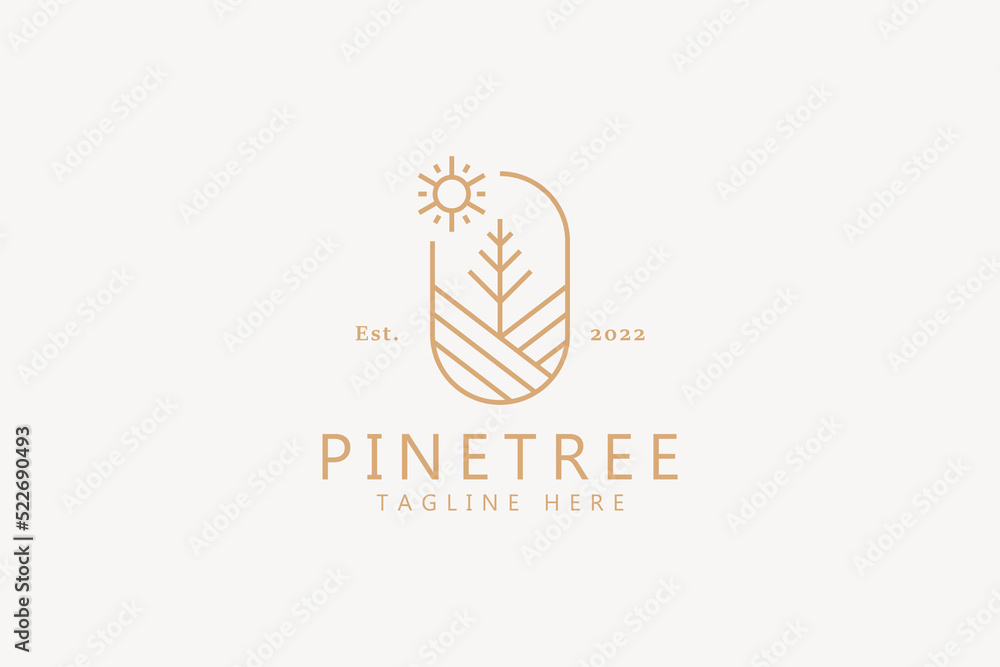 Pine Tree and Fir Abstract Logo Concept. Outdoor Park and Forest Adventure Vacation Sign Symbol.