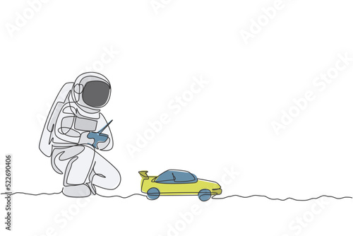 One single line drawing of astronaut playing race car radio control in moon land vector illustration graphic. Doing hobby while leisure time in deep space concept. Modern continuous line draw design