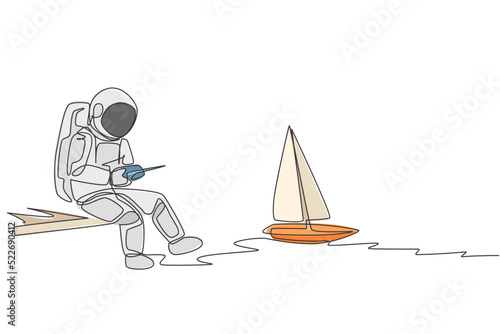 One continuous line drawing of astronaut playing sailboat radio control in moon cosmic galaxy. Outer space hobby and lifestyle concept. Dynamic single line draw graphic design vector illustration