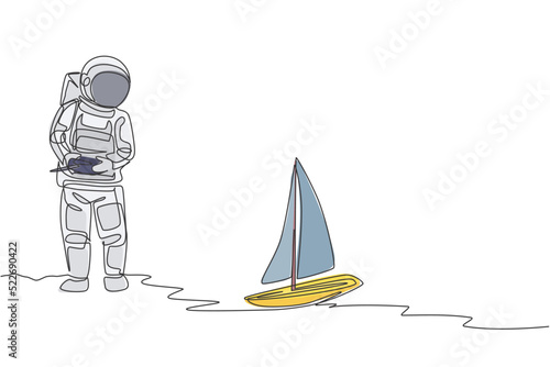 One single line drawing of astronaut playing sailboat radio control in moon land vector graphic illustration. Doing hobby while leisure time in deep space concept. Modern continuous line draw design
