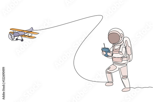 Single continuous line drawing of astronaut playing airplane radio control in moon surface. Having fun in leisure time on outer space concept. Trendy one line draw design vector illustration graphic