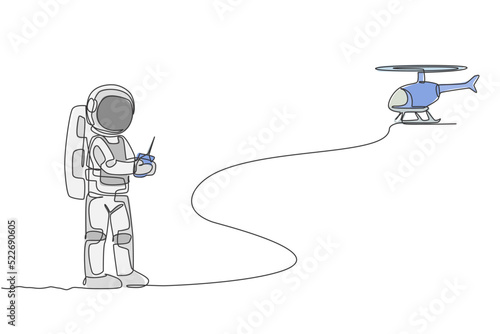 Single continuous line drawing of astronaut playing helicopter radio control in moon surface. Having fun in leisure time on outer space concept. Trendy one line draw design vector illustration graphic