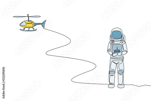 Single continuous line drawing of astronaut playing helicopter radio control in moon surface. Having fun in leisure time on outer space concept. Trendy one line draw design vector graphic illustration