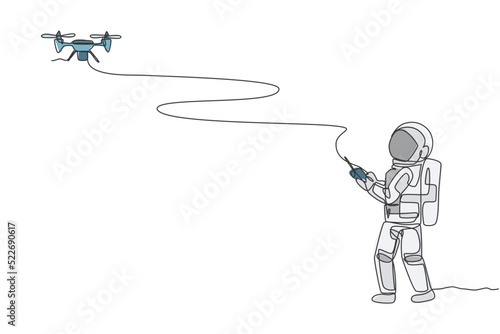 One continuous line drawing of astronaut playing drone plane radio control in moon cosmic galaxy. Outer space hobby and lifestyle concept. Dynamic single line draw design graphic vector illustration