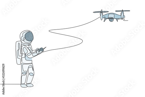 Single continuous line drawing astronaut playing drone plane radio control in moon surface. Having fun in leisure time on outer space concept. Trendy one line graphic draw design vector illustration