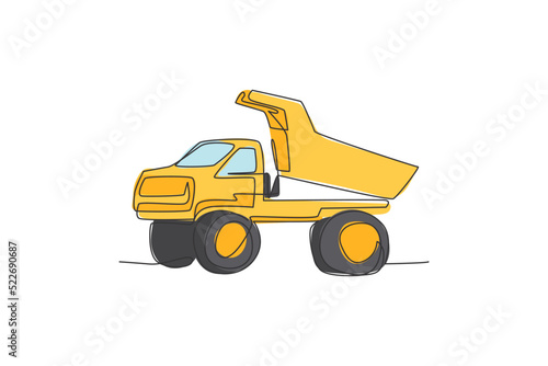 One single line drawing of big mining dump truck to load coal and mining products vector illustration. Heavy transportation vehicle concept. Modern continuous line draw design graphic