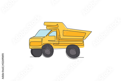 Single continuous line drawing of big mining dump truck to load coal and mining products. Heavy transportation vehicle concept. Trendy one line draw design graphic vector illustration