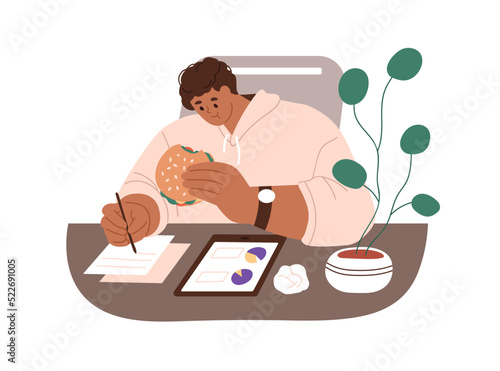 Employee eating fast food, holding fat burger while working with documents at desk. Office worker having lunch, snack at workplace, work. Flat graphic vector illustration isolated on white background