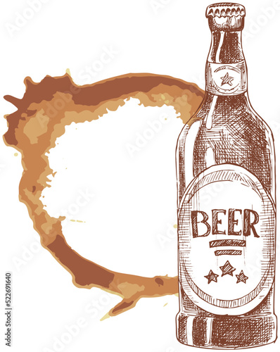 Alcohol stains, splashes and drops near bottle of craft beer. High quality abstract texture for menu, bar, cafe, restaurant. Ink, paint or other liquid stain and glass bottle with barley malt drink