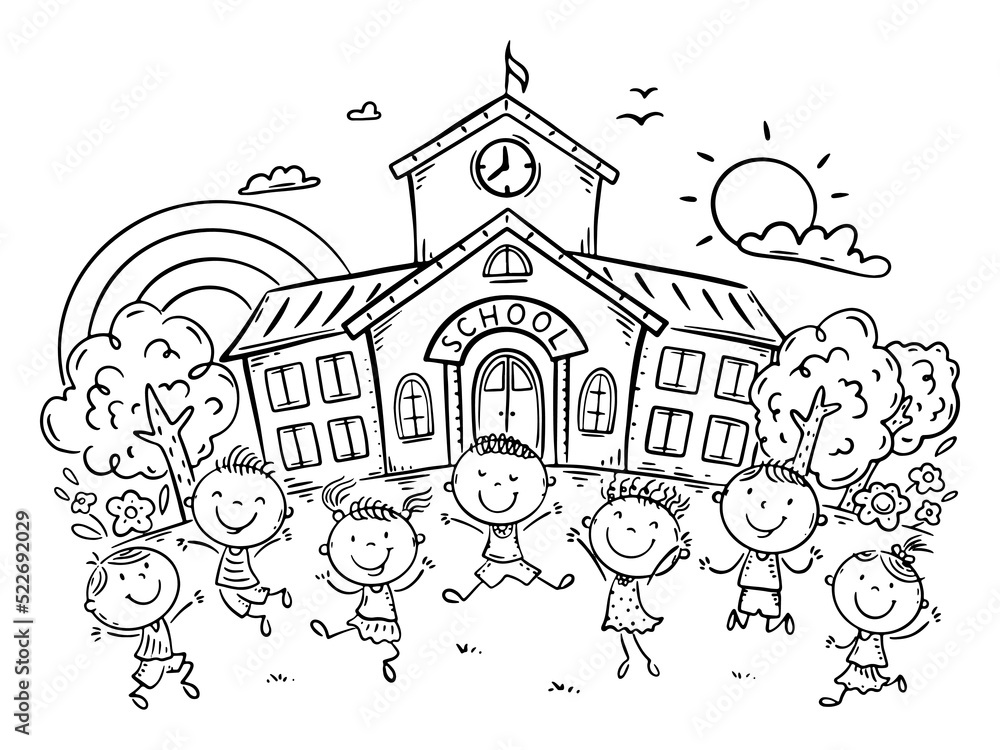 Line drawing of happy cartoon children playing in front of school building, back to school clipart