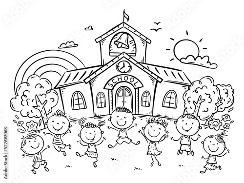 Line drawing of happy kids in front of school building, back to school clipart