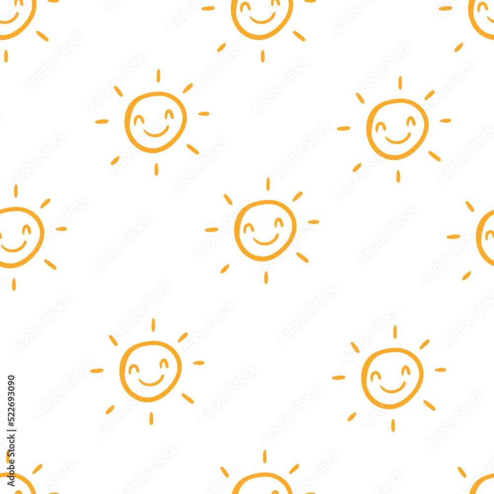 Cute seamless pattern of sun icons. Funny happy smiley suns. Bright and beautiful cartoon background. Vector illustration Cute seamless pattern of sun icons. Funny happy smiley suns. Bright and beautiful cartoon background. Vector illustration