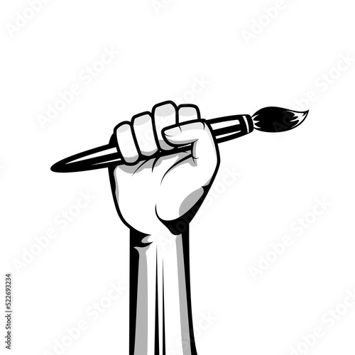 Hand Holding Artist Paint Brush Vector Illustration. Arm Raised Up With Hand Holding Brush