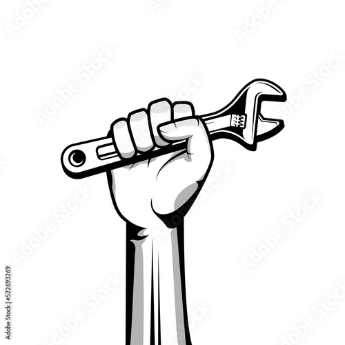 Hand holding wrench vector illustration in black color