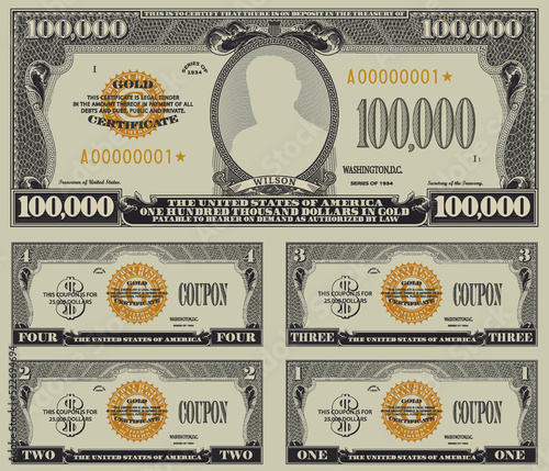 Vector fictional obverse of a US 100,000 dollars gold certificate. Four 25,000 coupons. Valuable paper. Wilson