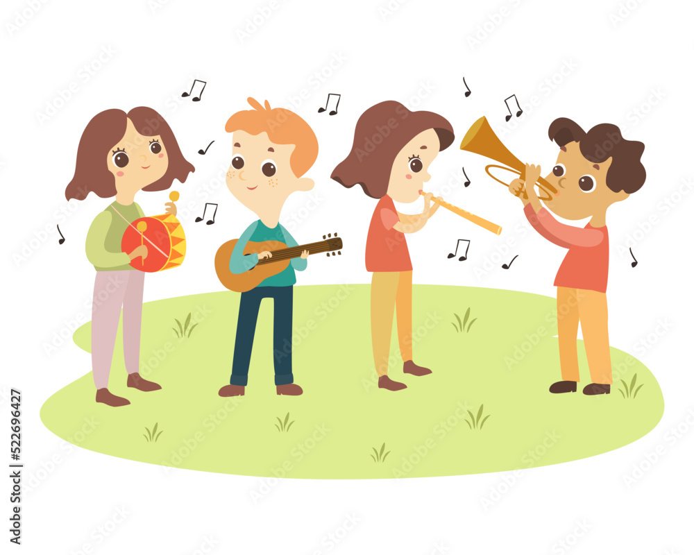 Children play musical instruments. Kids hobbies and education
