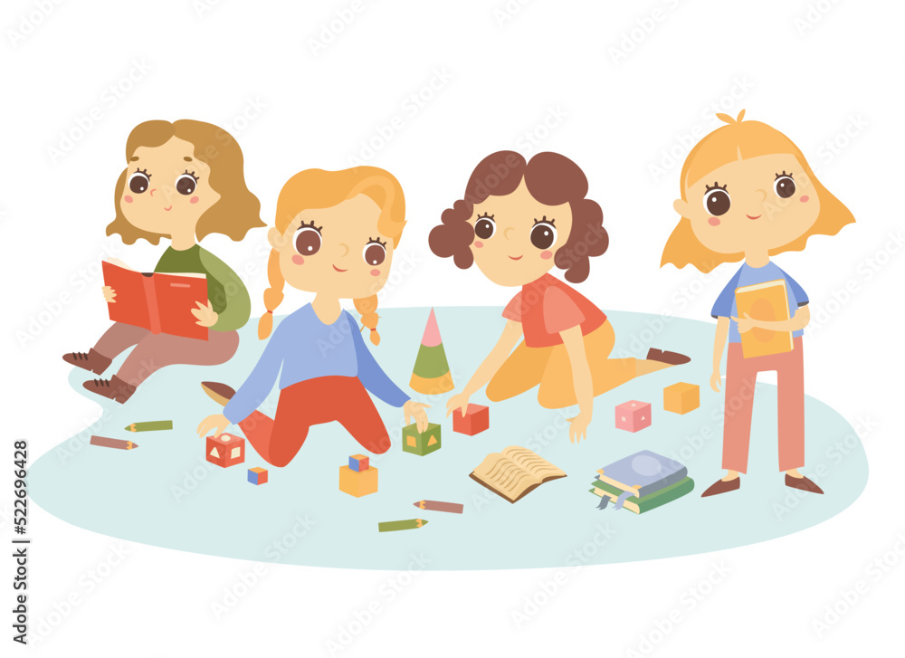 Children in kindergarten. Kids play, read books. Kids hobbies and education Children in kindergarten. Kids play, read books. Kids hobbies and education