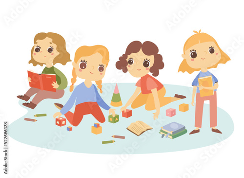 Fototapeta Naklejka Na Ścianę i Meble -  Children in kindergarten. Kids play, read books. Kids hobbies and education