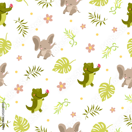 Kids seamless pattern. Pattern with palm leaves and safari animals. Adorable crocodile and elephant. Baby background