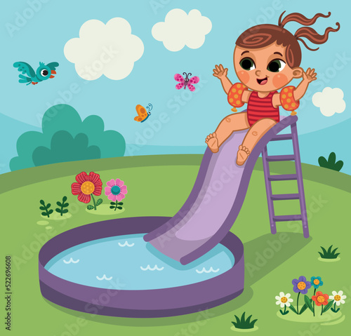 Little girl having fun in inflatable pool with water slide. Vector illustration.