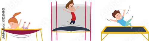 Set of trampolines with children in cartoon style. Vector illustration of children's entertainment for girls and boys on white background.