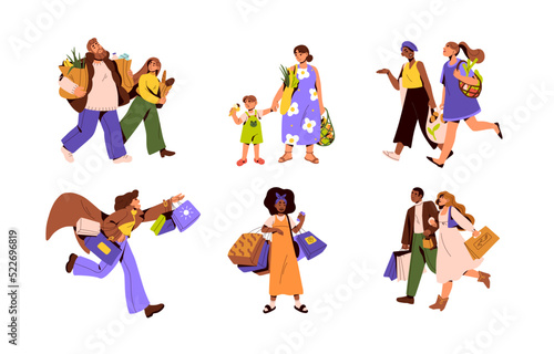 Happy people buyers with shopping bags set. Men, women, children customers carrying purchases, groceries. Shoppers characters walk. Flat graphic vector illustrations isolated on white background