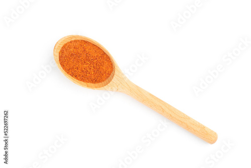 Red chili pepper in wooden spoon isolated on white. Macro. Flat lay. Healthy eating concept