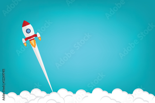 App launch. Startup vector concept, flat cartoon rocket or rocketship launch, mobile phone or smartphone, idea of successful business project start up, boost technology, innovation.	