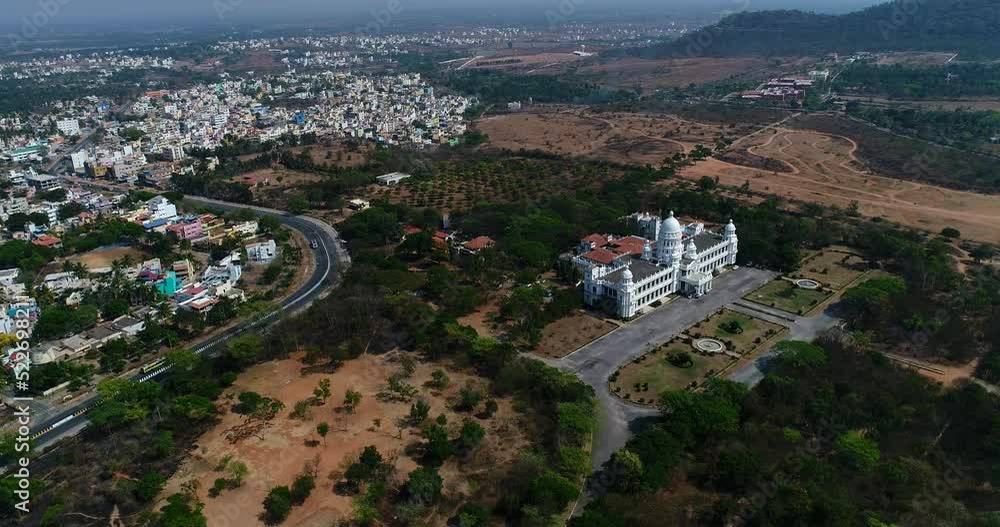 Aerial shot of Mysore maharaja palace with parc and trees around