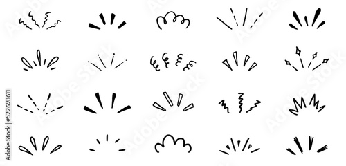 Doodle pop surprise line elements. Hand drawn shine sunburst ray frame for title headline illustration. Doodle vector illustration.