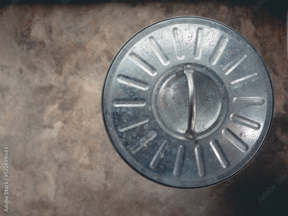 top view on sink metal bin cover with space background top view on sink metal bin cover with space background