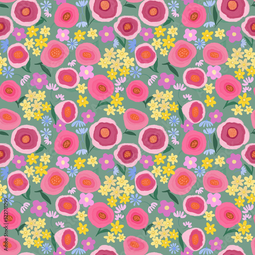 Illustration seamless pattern of pink petal abstract flower blossom on green background and yellow small daisy flora, for wallpaper, fashion fabric textiles and paper wrapping