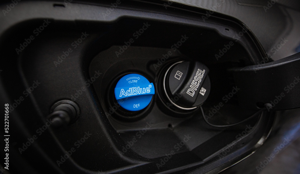 Closeup of Filler neck for Diesel exhaust fluid AdBlue Closeup of Filler neck for Diesel exhaust fluid AdBlue