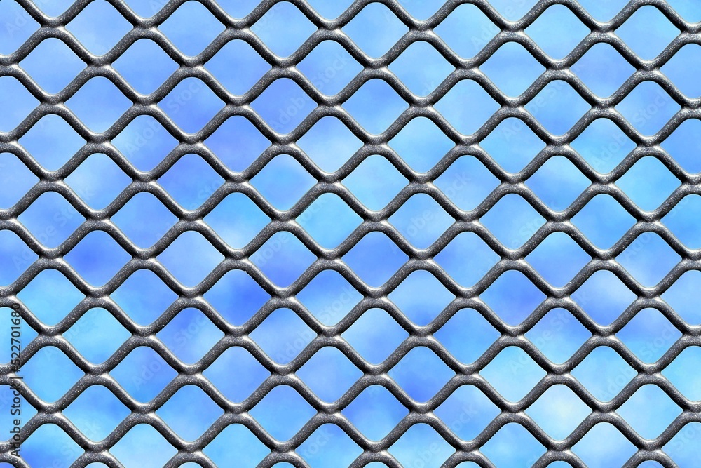 Metal grid with blue background. Abstract background, geometric pattern Metal grid with blue background. Abstract background, geometric pattern