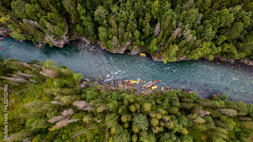 Drone shot of whitewater rafting and kayaking