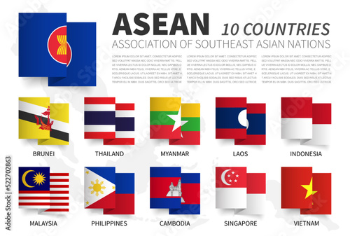 ASEAN . Association of Southeast Asian Nations and membership . Waving zig zag ribbon flag design . South east asia map on background . Element vector . photo