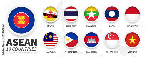ASEAN . Association of Southeast Asian Nations and membership flags . Flat simple circle design with white frame . South east asia map on background . Vector .