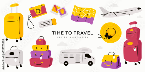 Touristic accessory and attributes set. Vector illustration of suitcase, paper world map, plane, car, hat, ticket, camera