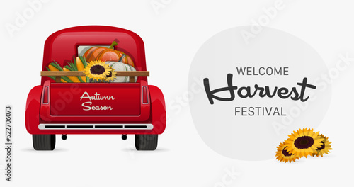 Harvest Truck with pumpkins, corn, sunflowers. October print. Autumn decorative lettering, typography. Red car with squashes. Red pick up truck.