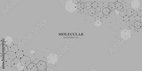Abstract hexagonal molecular structures in technology background and scientific style. Connected lines and dots, molecules, DNA on a gray background. Medical design. Vector illustration.